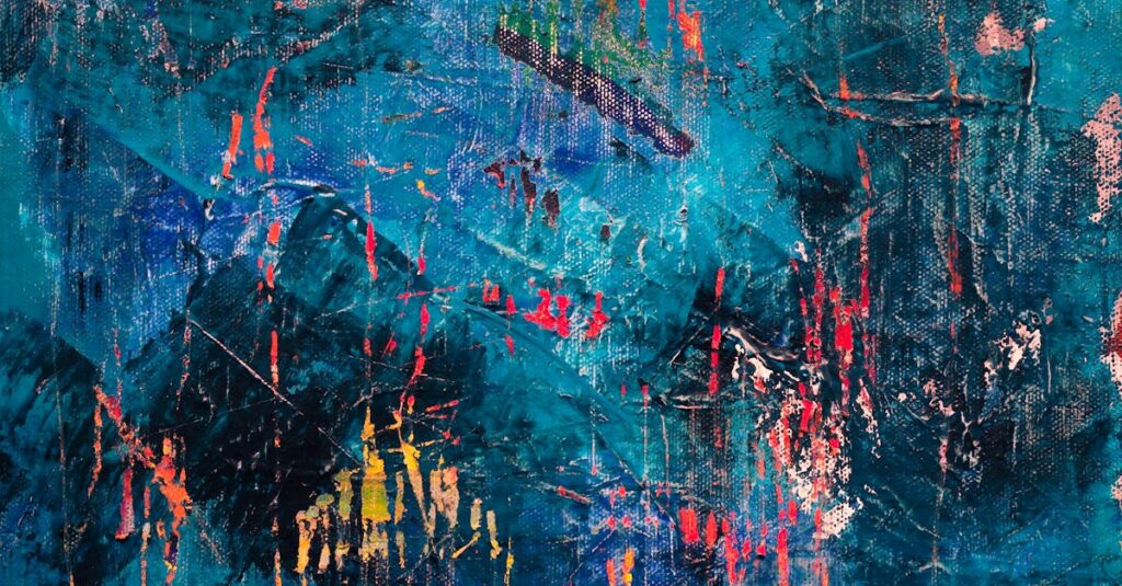 Dynamic blue abstract painting with expressive brushstrokes in acrylic on canvas.